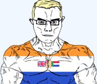 arm blue_eyes buff chud closed_mouth clothes country ear flag:south_africa_(1928) glasses hair muscles south_africa soyjak subvariant:chudjak_front subvariant:muscular_chud tshirt variant:chudjak vein yellow_hair // 1059x929 // 48.6KB