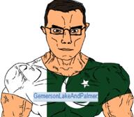 arm blue_eyes brown_eyes buff closed_mouth clothes flag flag:pakistan gemersonlakeandpalmer_(user) glasses hair light_brown_skin pakistan pakistani soyjak star_(symbol) star_and_crescent subvariant:chudjak_front subvariant:muscular_chud text tshirt variant:chudjak vein white_skin // 1059x929 // 135.9KB