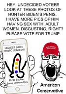 arm baseball_cap clothes donald_trump glasses hand hat holding_object holding_phone hunter_biden iphone maga maga_hat open_mouth penis phone red_hat soyjak stubble subvariant:phoneplier subvariant:phoneplier_vertical text tshirt variant:markiplier_soyjak // 717x1024 // 105.8KB