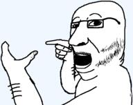 arm glasses hand holding_object mustache open_mouth pointing soyjak stubble template variant:holdjak // 563x445 // 23.8KB