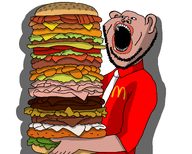 amerimutt artist:dunchenman beard black_sclera ear gape hamburger lips logo looking_to_the_left mcdonalds mutt open_mouth red_shirt shading shadow stubble subvariant:impish_amerimutt teeth variant:impish_soyak_ears white_background // 2000x1600 // 222.6KB