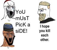3soyjaks angry blond bloodshot_eyes brown_skin closed_mouth clothes crying glasses hat jewish_nose judaism kippah nordic_chad open_mouth smile soyjak text variant:chudjak variant:cryboy_soyjak yellow_hair // 766x670 // 346.9KB