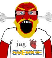 angry arm beard blue_eyes clothes country flag fume heart i_love red_skin soyjak subvariant:science_lover sweden swedish_text text tshirt variant:markiplier_soyjak yellow_hair // 800x895 // 234.2KB