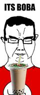 boba_tea chud closed_eyes drinking drinking_straw glasses its_over red_shirt straw swastika text variant:chudjak // 720x1699 // 416.3KB