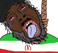 beard black_skin bloodshot_eyes clothes country crying flag glasses grey_hair hair hanging hat iran iranian mullah mustache open_mouth rope soyjak suicide tongue turban variant:bernd yellow_teeth // 760x704 // 93.0KB