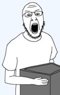 box clothes full_body glasses holding_object open_mouth soyjak stubble template tshirt variant:tewi // 357x563 // 9.6KB