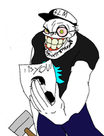 Variant:mask angry bald black_shirt blm_logo comic crazy glasseslasses green_eyes little_chuddy smile soyjak white_background white_skin // 640x834 // 127.6KB