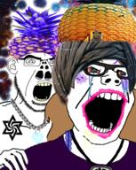 2soyjaks avengers bloodshot_eyes blush budd buddhism clothes crying food foodjak fruit glasses hair hand marvel merge multiple_mouths necklace open_mouth pineapple raelian rape sex soyjak stubble subvariant:gapejak_female variant:cobson variant:gapejak variant:soytan // 439x550 // 365.8KB