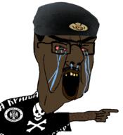big_nose black_skin brown_skin browridge chetnik clothes crying flag:chetnik flag:nazi_germany glasses golden_tooth hairy hat hooked_nose nigger pointing serbia serbnigger unibrow variant:chudjak yellow_teeth // 853x935 // 379.2KB