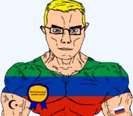 arm award blue_eyes buff closed_mouth clothes crescent dagestan flag flag:dagestan flag:russia glasses hair islam russia soyjak star_(symbol) star_and_crescent subvariant:chudjak_front subvariant:muscular_chud text transparent transparent_background tshirt variant:chudjak vein yellow_hair // 1059x929 // 59.1KB