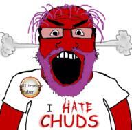 angry anime arm badge beard breadtuber chud clothes fume glasses hair i_hate open_mouth purple_hair red_skin soyjak subvariant:science_lover text tranny tshirt variant:markiplier_soyjak youtube // 800x789 // 267.9KB