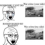 2soyjaks black_and_white bloodshot_eyes comic crying glasses gun irl open_mouth rifle stubble text thing_japanese variant:soyak war war_crime weapon // 1000x1000 // 125.3KB