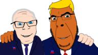 2soyjaks blond blue_eyes bowtie clothes democrat democratic_party donald_trump donkey elephant glasses hair hand hugging joe_biden necktie no_more_brother_wars orange_skin pink_skin president republican republican_party smile soyjak star_(symbol) stubble suit suit_and_tie teeth variant:cobson variant:feraljak white_background white_hair white_skin // 1920x1080 // 317.4KB