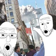 2soyjaks 9_11 arm building deformed glasses hand irl_background mustache open_mouth pointing soyjak stubble united_states variant:two_pointing_soyjaks // 1282x1286 // 1.8MB