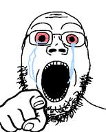 bald bloodshot_eyes crazed crying front_facing glasses hand nails open_mouth pointing pointing_at_viewer soyjak stubble subvariant:gapejak_front template variant:gapejak white_background // 500x622 // 13.9KB