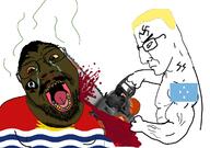 2soyjaks angry arm blood bloodshot_eyes blue_eyes brown_skin buff chainsaw closed_mouth countrywar crying decapitation fat glasses hair hand holding_chainsaw holding_object kiribati micronesia micronesia_vs_kiribati murder mustache nazism open_mouth queen_of_spades side_profile soyjak spade stubble subvariant:chainsaw_bernd swastika variant:bernd variant:chudjak yellow_hair yellow_teeth // 1238x872 // 408.4KB