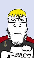 badge closed_mouth clothes fact glasses hair hand holding_object nate neutral sign soyjak soyjak_party stubble subvariant:neutralplier variant:markiplier_soyjak yellow_hair // 601x1018 // 102.4KB