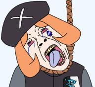 ack aldith_(pokemon) anime artist:hellcat bloodshot_eyes blue_eyes clothes crying facial_mark hair hanging hat nintendo noose open_mouth orange_hair pokemon pokemon_b2w2 rope soyjak spade suicide team_plasma tongue unova video_game vore vorefag vp_(4chan) white_skin yellow_teeth // 1026x936 // 22.7KB