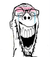 glasses laughing merge open_mouth series:fusionjaks soyjak stretched_mouth stubble variant:reaction_soyjak // 555x631 // 210.5KB