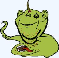 chaos closed_mouth daemon dancing_swede ear horn monster nurgle nurgling one_eye plaguebearer smile soyjak spade stubble variant:impish_soyak_ears warhammer // 688x677 // 160.2KB