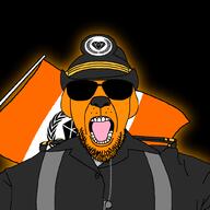 FNWO Fdl army arrow ban beard black_shirt clothes dog flag glasses glowie glowing hat janny looking_at_you open_mouth orange_skin soyjak sunglasses variant:patriotjak whistle // 1023x1023 // 123.7KB