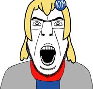 badge clothes glasses hair knowyourmeme kym_tan open_mouth soyjak stubble subvariant:cobson_front variant:cobson yellow_hair // 981x937 // 77.0KB