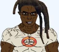 black_skin brown_eyes buff clothes doc_johnson dreads foolio glasses grill hair soyjak subvariant:chudjak_front subvariant:muscular_chud tan_shirt teeth tshirt variant:chudjak vein // 1170x1026 // 658.3KB