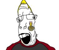 badge clothes glasses nate open_mouth soyjak soyjak_party stubble teeth text variant:parrotjak yellow_hair // 1500x1267 // 251.1KB