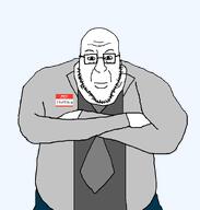 blue_pants closed_mouth clothes collared_shirt crossed_arms doctor dr_snopestein glasses grey_shirt lab_coat name_tag necktie neutral scientist soyjak stubble variant:blartjak white_skin // 876x921 // 24.5KB