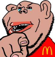 amerimutt angry crying finger hand mcdonalds mutt open_mouth pointing red_eyes red_shirt seethe seething soyjak stubble subvariant:impish_amerimutt upset variant:impish_soyak_ears // 598x628 // 25.1KB