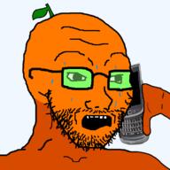 calling froot froot_(user) glasses holding_phone orange_skin phone stem stubble sweating transparent_background variant:soyak worried // 800x798 // 90.5KB