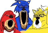 3soyjaks animal blue_skin ear echidna fox glasses hedgehog knuckles open_mouth red_skin sega snout sonic_(series) sonic_the_hedgehog soyjak soyjak_trio stretched_mouth stubble tail tails_(sonic) variant:gapejak variant:markiplier_soyjak variant:tony_soprano_soyjak video_game yellow_skin // 828x581 // 301.4KB