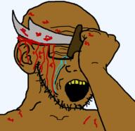 arm blood brown_skin closed_eyes crying ear ear_removal glasses hand holding_knife holding_object open_mouth shia soyjak stubble variant:soyak yellow_teeth // 782x758 // 42.9KB