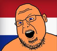 country ear flag glasses netherlands open_mouth orange_skin soyjak stubble variant:shotjak // 574x514 // 115.6KB