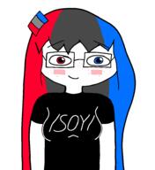 black_shirt blue_eyes blue_hair eyebrows female freckles glasses grey_hair hair happy red_eyes red_hair smile variant:soysuba white_skin // 875x955 // 37.5KB