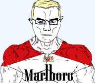 arm blue_eyes buff cigarette closed_mouth clothes ear glasses hair marlboro smoke soyjak subvariant:chudjak_front subvariant:muscular_chud tshirt variant:chudjak vein yellow_hair // 1600x1402 // 976.4KB