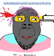 blood glasses grey_skin gun hair lolkek mustache purple_hair smile soot_colors soybooru soyjak stubble text tranny variant:bernd // 722x762 // 276.0KB