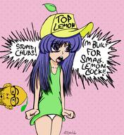 angry anime cap clothes dress food fruit furude_rika glasses hat higurashi lemon open_mouth panties purple_eyes purple_hair soyjak speech_bubble stubble text tiny_lemon_pecker underpants variant:nojak // 923x1009 // 612.8KB
