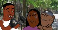 Chudjak_vs_Annabelle New_york_city abuse arm beating bitch black_skin blood body box boxing bruise chain clothes crying daytime domestic_violence everlast eye_shadow eyelashes fade female fight frown funny garden girl gold_chain golden_tooth hair hand hat irl irl_background jaundice park playground purple_shirt sad section_8 smile subvariant:annabelle subvariant:wholesome_soyjak swingset tank_top tear the_projects tree variant:chudjak variant:gapejak variant:impish_soyak_ears wifebeater woman yankee // 1920x1000 // 1.3MB