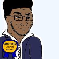 afro award black_skin closed_mouth clothes game glasses hair jacket meta:tagme_(person_name) smug soyjak stubble subvariant:soyak_(smug) text thick_eyebrows variant:soyak // 500x500 // 73.2KB