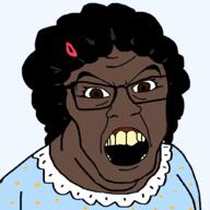 afro black_skin brown_eyes clothes eyelashes female glasses hair_clip looking_at_you pajamas variant:feraljak yellow_teeth // 1025x1025 // 32.5KB