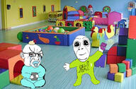 2soyjaks baby bloodshot_eyes bone clothes crying dinosaur ear full_body gameboy gameboy_color glasses hair holding_object irl_background kindergarten pacifier sitting soyjak stubble subvariant:gerald text variant:cobson variant:soyak yellow_hair // 1094x719 // 198.8KB