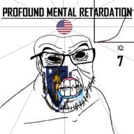 angry bald black_eyes black_hole black_sclera bow clenched_teeth closed_mouth cracked_teeth drool ear flag flag:massachusetts flag:united_states glasses hair holding_object iq iq_bell_curve latin_text massachusetts mustache nightmare_fuel no_pupils profound_mental_retardation retard soyjak star_(symbol) state stubble sword text united_states variant:feraljak wrinkles // 1024x1024 // 97.4KB