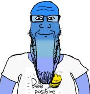 2soyjaks animal antenna arm balding bee blue_skin bug calm closed_mouth clothes ear fangs glasses gradient looking_at_you multiple_eyes smile soyjak stretched_chin stubble subvariant:impish_bee text tshirt variant:impish_soyak_ears variant:markiplier_soyjak white_shirt wing yellow_skin // 800x845 // 221.0KB