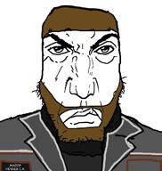 angry atomic_heart beard brown_beard brown_hair closed_mouth clothes cyrillic_text hair jacket major_nechayev punisher_face soyjak stubble subvariant:science_lover sweater text variant:markiplier_soyjak // 693x732 // 82.6KB