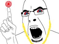 arm bloodshot_eyes blue_eyes glasses hand open_mouth pointing sonnenrad soyjak stubble variant:cobson yellow_hair // 3264x2448 // 286.5KB