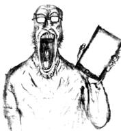 arm clothes glasses hand holding_object open_mouth phone redraw soyjak stretched_mouth stubble variant:markiplier_soyjak // 1080x1169 // 694.7KB