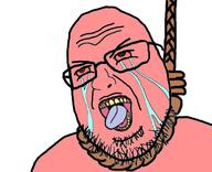 bloodshot_eyes crying hanging open_mouth pink_skin rope soyjak stubble tongue variant:shotjak yellow_teeth // 417x339 // 63.9KB