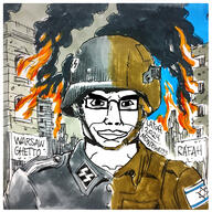 2024 carlos_latuff closed_mouth fire flag:israel gaza hair helmet idf nazism schutzstaffel smile smug soyjak subvariant:chudjak_front variant:chudjak war_crime warsaw // 3464x3464 // 2.3MB