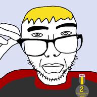 badge closed_mouth glasses hand holding_object nate soyjak soyjak_party stubble variant:sobot yellow_hair // 548x548 // 20.2KB